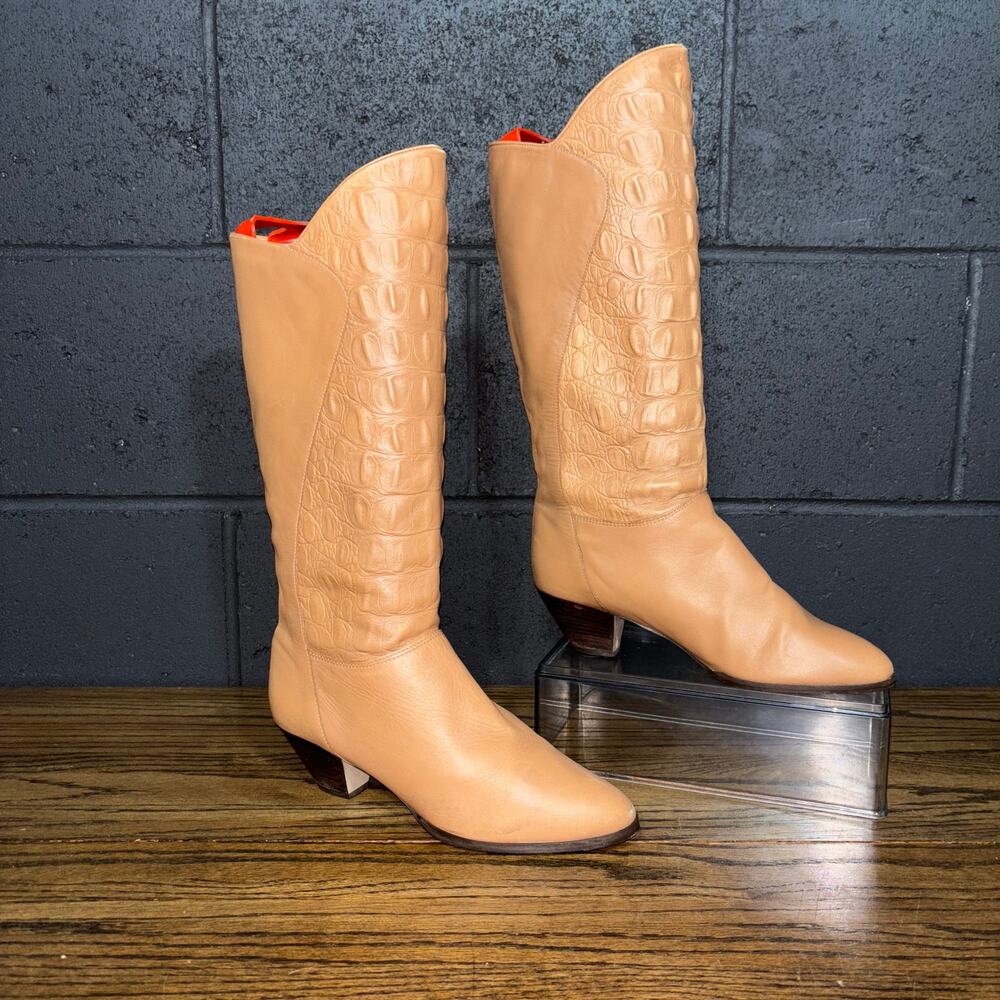 Women’s Spanish Leather Croc Embossed Boots Camel Tan Western Tall Size 8.5
